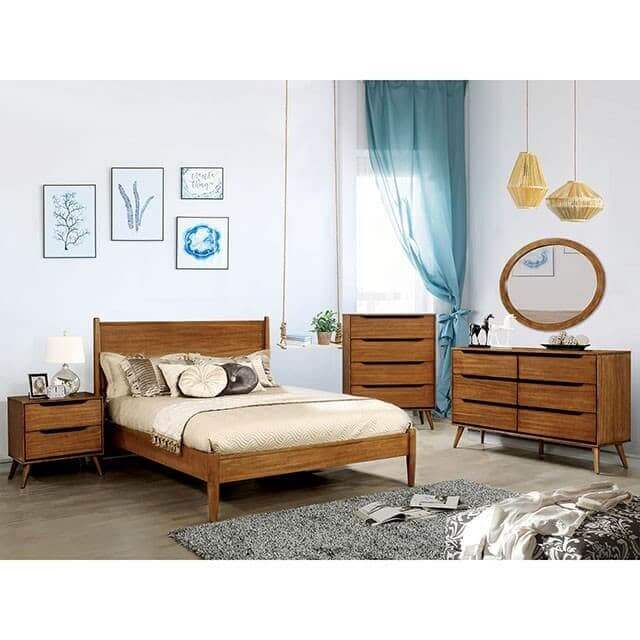 Mid-century modern Lennart oak platform bed in a stylish bedroom setting with flared legs and coordinating furniture.