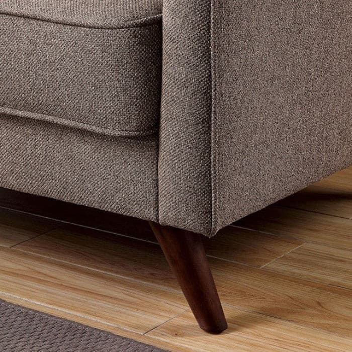 Close-up of Maxime Light Brown Mid Century Loveseat showing box cushions and tapered wooden legs on a wooden floor.