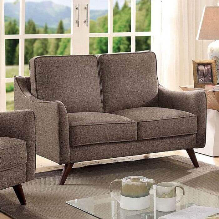 Mid-century modern light brown loveseat featuring box cushions and tapered legs, ideal for stylish living spaces.