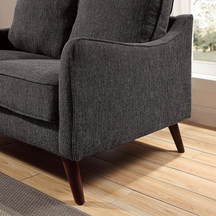 Maxime Gray Mid Century Loveseat featuring dark gray upholstery and tapered wooden legs, perfect for modern living spaces.