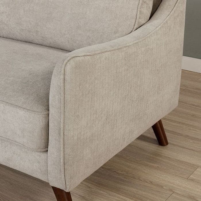 Maxime Light Gray Mid Century Modern Sofa close-up showing soft fabric and stylish wooden legs. Ideal for contemporary living spaces.