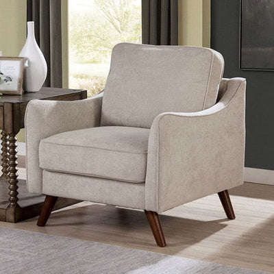 Maxime Light Gray Mid Century Modern Armchair with tapered legs and curved track arms in an elegant living space.
