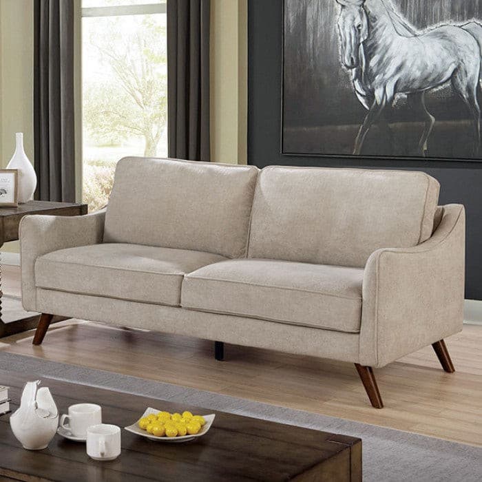 Maxime Light Gray Mid Century Modern Sofa featuring plush cushions and tapered wooden legs in a stylish living room setting.