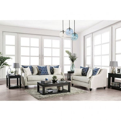Nefyn Ivory Transitional Loveseat in a modern lounge with blue accent pillows and stylish decor.