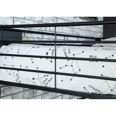 Cozy bedding featuring star constellations on a triple bunk bed, ideal for kids' sleepovers and play dates.