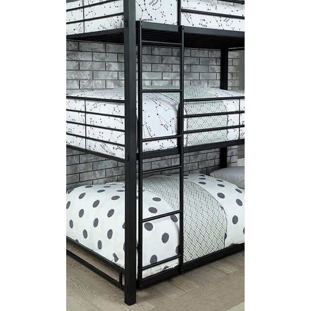 Black metal triple bunk bed with polka dot and geometric patterned bedding, showcasing two attached ladders and modern design.