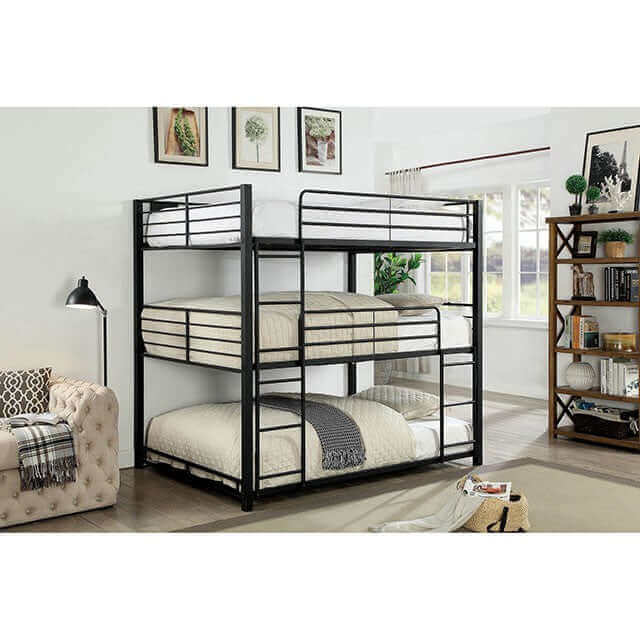 Black metal triple bunk bed with two attached ladders and guard rails in a stylish living space. Perfect for kids and sleepovers.