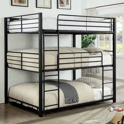 Black metal triple bunk bed with spacious tiers and safety guard rails, perfect for kids' sleepovers.