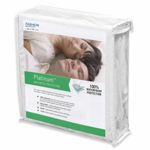 Platinum Terry waterproof mattress protector packaging, showcasing 100% waterproof protection and luxurious comfort features.
