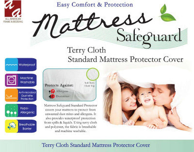 Mattress Safeguard Terry Cloth Protector Cover, waterproof, hypoallergenic, machine washable, protects against allergens and spills.