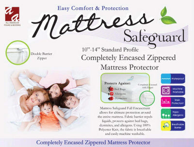 Mattress Safeguard completely encased zippered mattress protector for 10"-14" profiles, repels allergens and liquids, easy care.