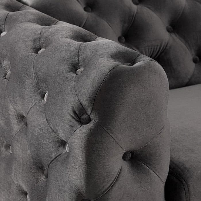 Close-up of Sapphira Dark Gray contemporary sofa's tufted arm detail and plush flannelette fabric.