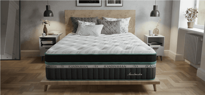 Southerland Scandinavian Collection Stockholm Luxury Firm Euro Top 13" latex foam mattress on a stylish wooden bed frame.