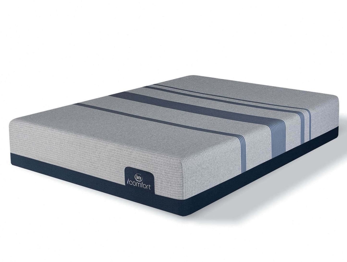 Serta iComfort Blue Max Touch 3000 Plush 14" foam mattress with gray and blue striped design on a white background.