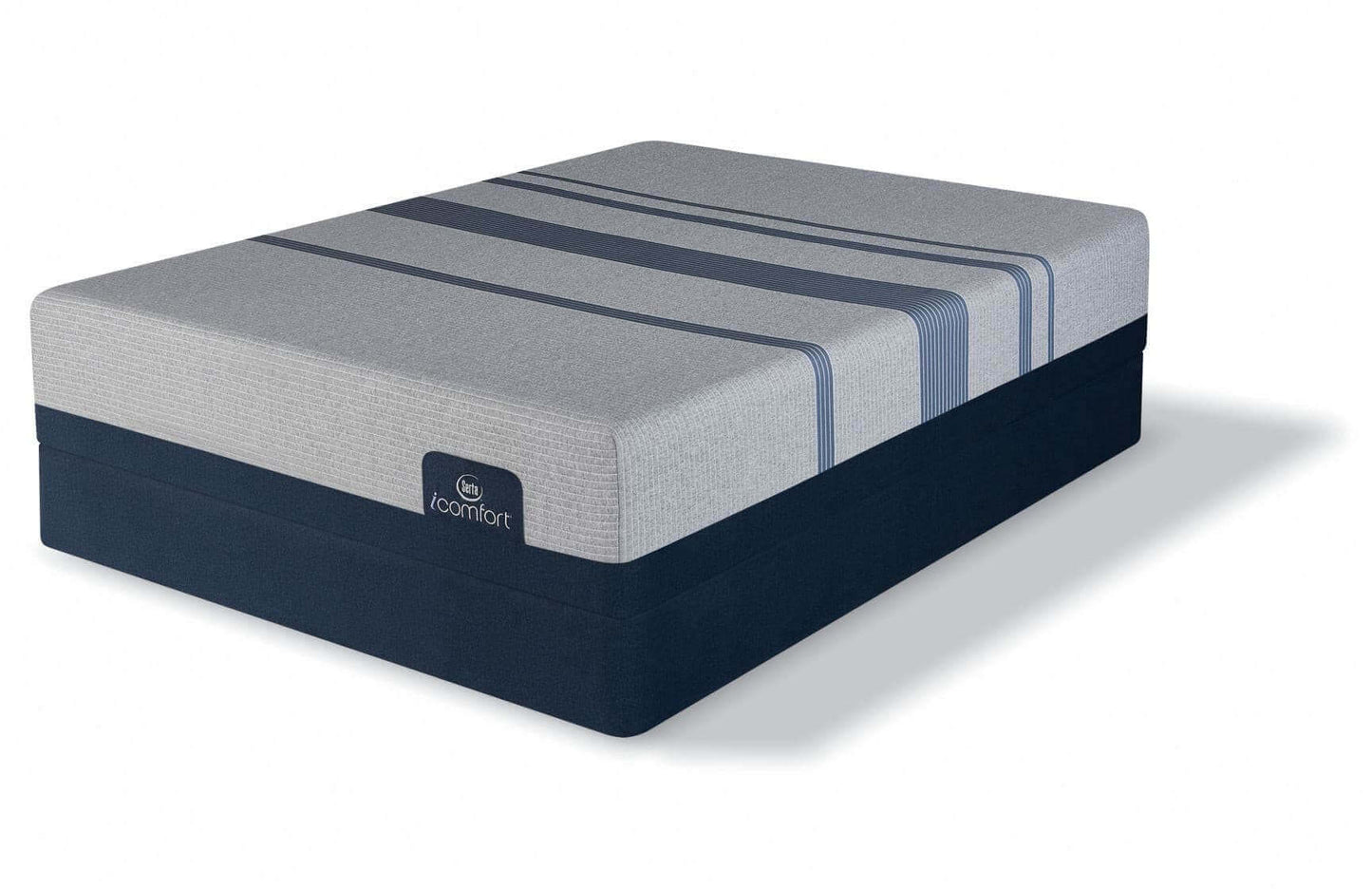Serta iComfort Blue Max Touch 3000 plush 14" foam mattress on a foundation, featuring stylish gray and blue design elements.