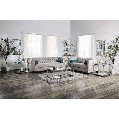 Silvan Gray Velvet Transitional Loveseat with button tufting and blue accents in a modern living room setting.