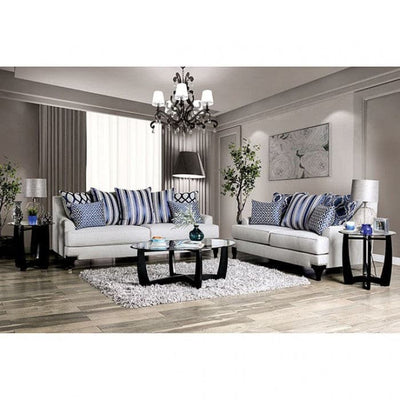 Sisseton light gray transitional loveseat with patterned throw pillows in an elegant living room setting.