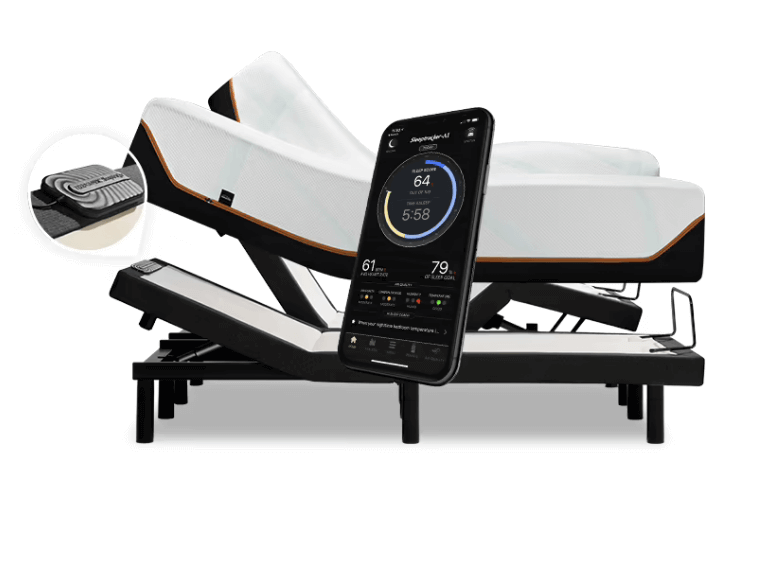 TEMPUR-Extend Smart Base with SleepTracker AI and adjustable positions, showcasing remote control for personalized comfort.