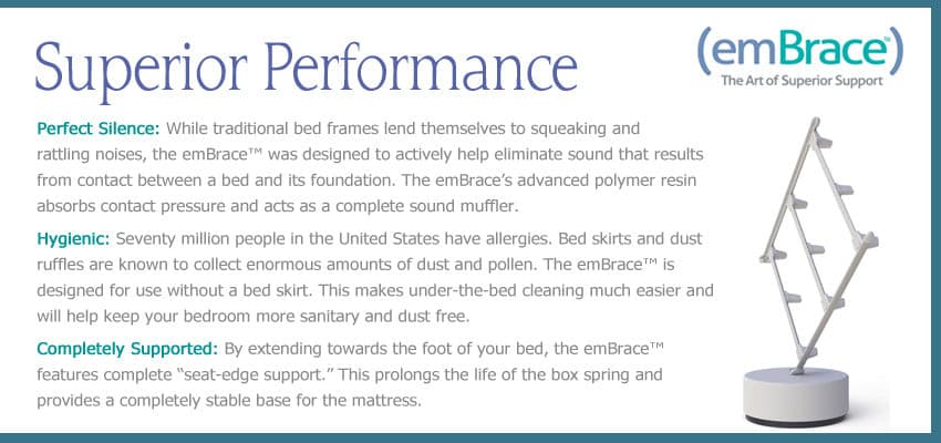 emBrace Bed Frame features superior support, hygienic design, and noise elimination for a peaceful bedroom experience.
