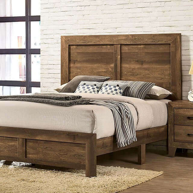 Rustic Wentworth Bed with antique wood grain, featuring a plush mattress and stylish decor in a modern bedroom setting.