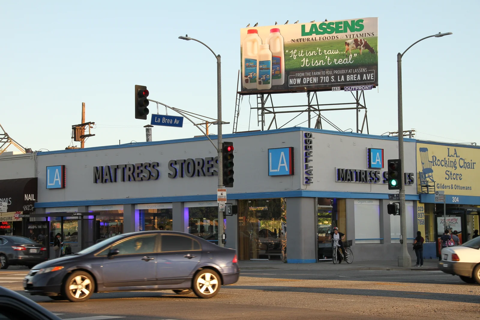 The LA Mattress storefront at La Brea Avenue and 3rd Street, seen from across the intersection