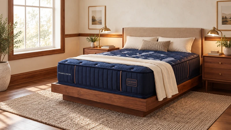 A navy upholstered mattress in a warm wood and cream bedroom