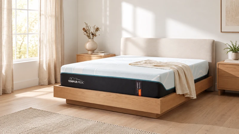 A mattress on an oak bed in a sunlit ivory bedroom