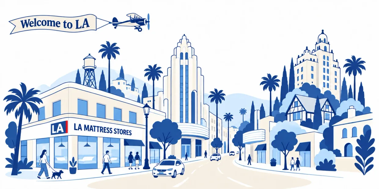 Illustrated Los Angeles street: the LA Mattress Stores showroom on the corner, a biplane towing a Welcome to LA banner, an Art Deco tower, palm trees and hillside homes