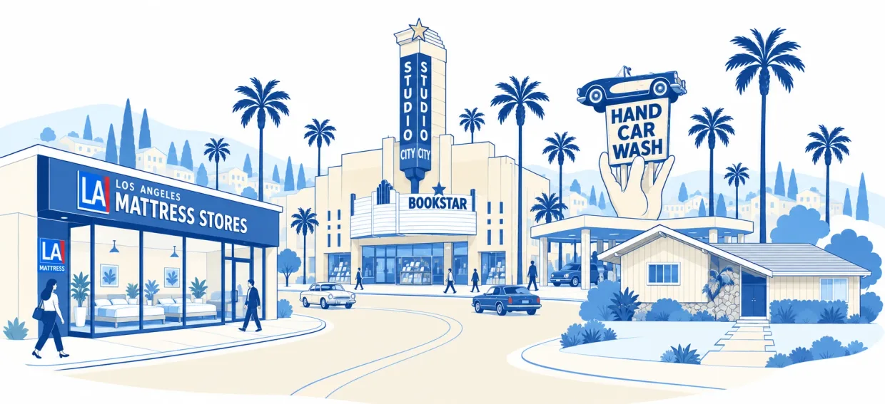 Illustrated Ventura Boulevard in Studio City with the LA Mattress Stores showroom, the Studio City theater marquee and the hand car wash sign