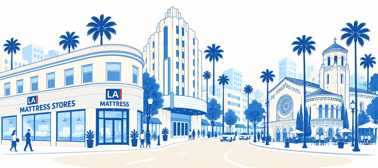 Illustrated Koreatown street with the LA Mattress Stores showroom on the corner, the Art Deco tower and the Wilshire Christian Church