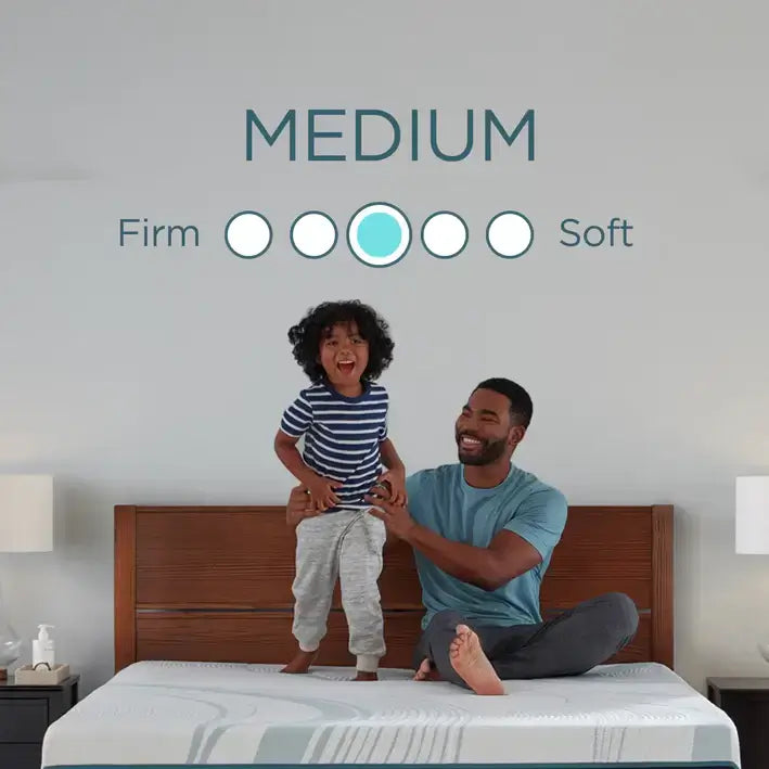 Family enjoying comfort on a medium firmness mattress, showcasing joyful moments and relaxation.