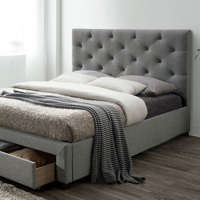 Bella Gray tufted storage bed with diamond tufting, upholstered frame, and smooth rolling drawer. Perfect for stylish storage solutions.