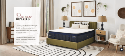 Luxurious Stearns & Foster Cassatt Ultra Firm mattress with stylish velvet handles in a sophisticated bedroom setting.