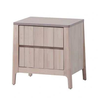 Gervais Mid Century Nightstand in white wash solid hardwood with vertical reeding and hidden handles for modern bedroom style.