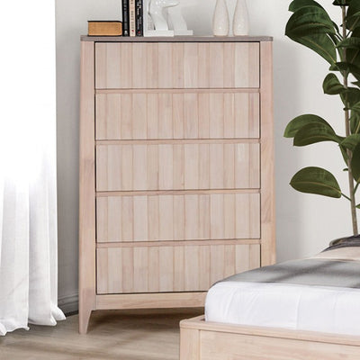 Gervais Mid Century Chest with vertical reeding, showcasing a vintage-inspired design in a modern bedroom setting.