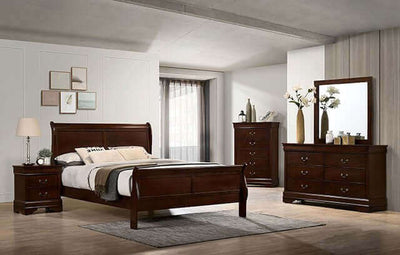 Louis Philippe Cherry Transitional Chest with matching sleigh bed and dresser, creating a stylish master bedroom environment.