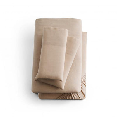 Malouf Sand Linen Weave Cotton Sheet Set stacked, showcasing its lightweight and breathable fabric design.