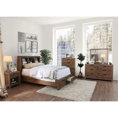 Mcallen Rustic Storage Bed in a cozy bedroom with wooden furniture, including nightstand and dresser, showcasing storage and style.