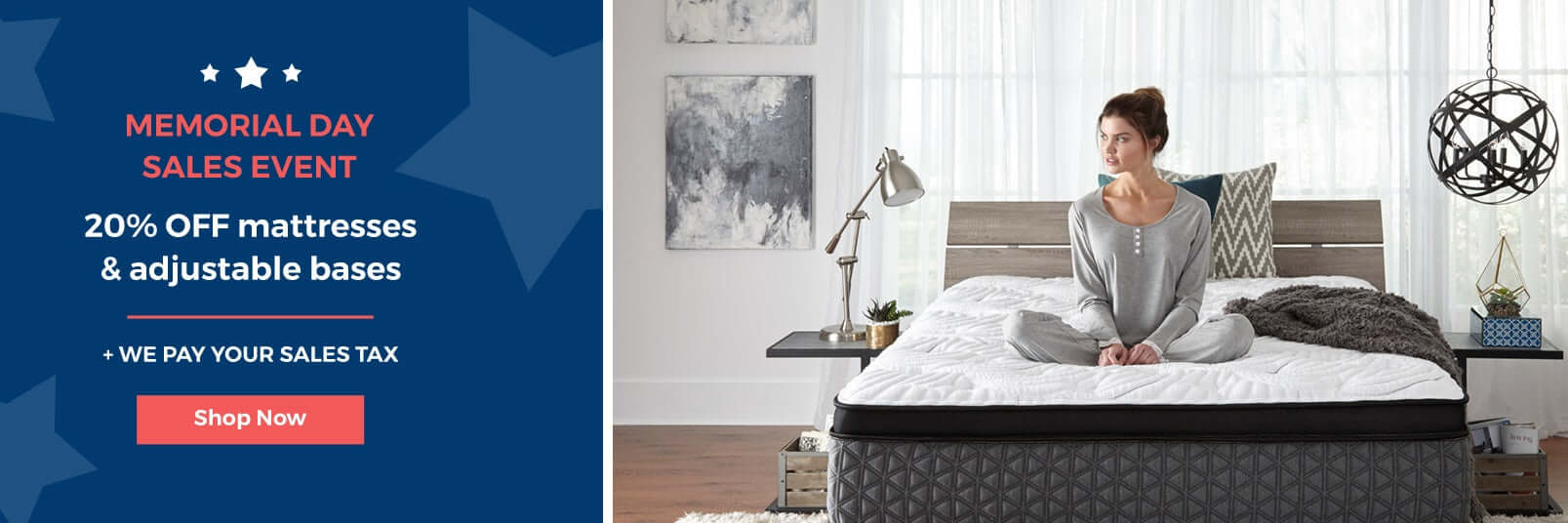 Memorial Day sales event featuring a woman on a mattress, highlighting 20% off mattresses and adjustable bases.