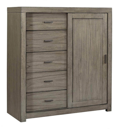 Modern Loft Graystone sliding door chest featuring four drawers and a sleek door, showcasing durable craftsmanship.