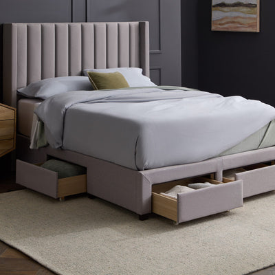 Malouf Watson Charcoal Platform Bed Frame with stylish design and storage drawers, showcasing a modern bedroom setup.