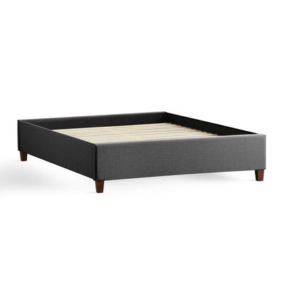 Malouf Eastman Charcoal Platform Bed Frame with wood-finished legs and soft fabric upholstery. Compatible with all mattress types.