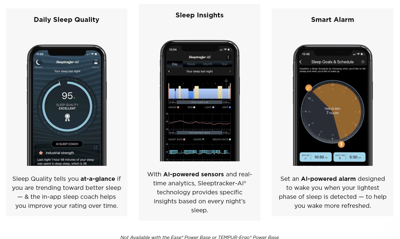 Screenshots of the Sleeptracker-AI app showing daily sleep quality, sleep insights, and smart alarm features.