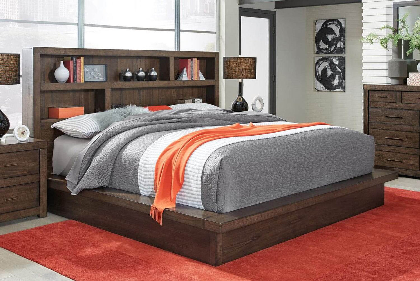 Modern Loft brownstone platform panel bed with stylish headboard and cozy bedding in a contemporary bedroom setting.