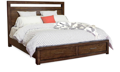 Modern Loft Collection Brownstone Panel Bed in greystone finish with striped bedding and storage drawers. Durable and stylish design.