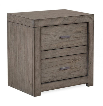 Modern Loft Collection Graystone Nightstand featuring two drawers and aged bronze hardware in a contemporary design.