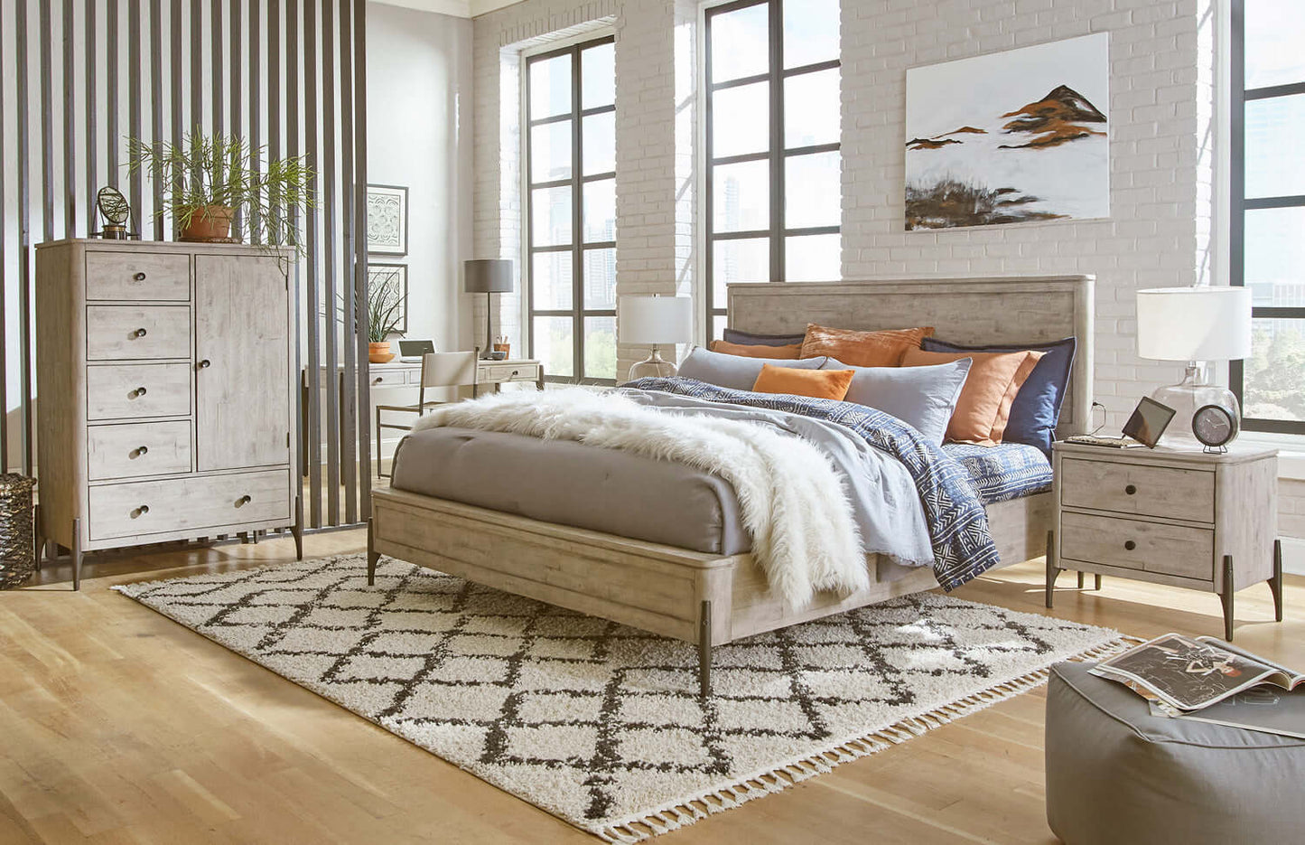 Zane Collection Panel Bed in a modern bedroom with stylish decor, featuring a cozy layout and warm color accents.