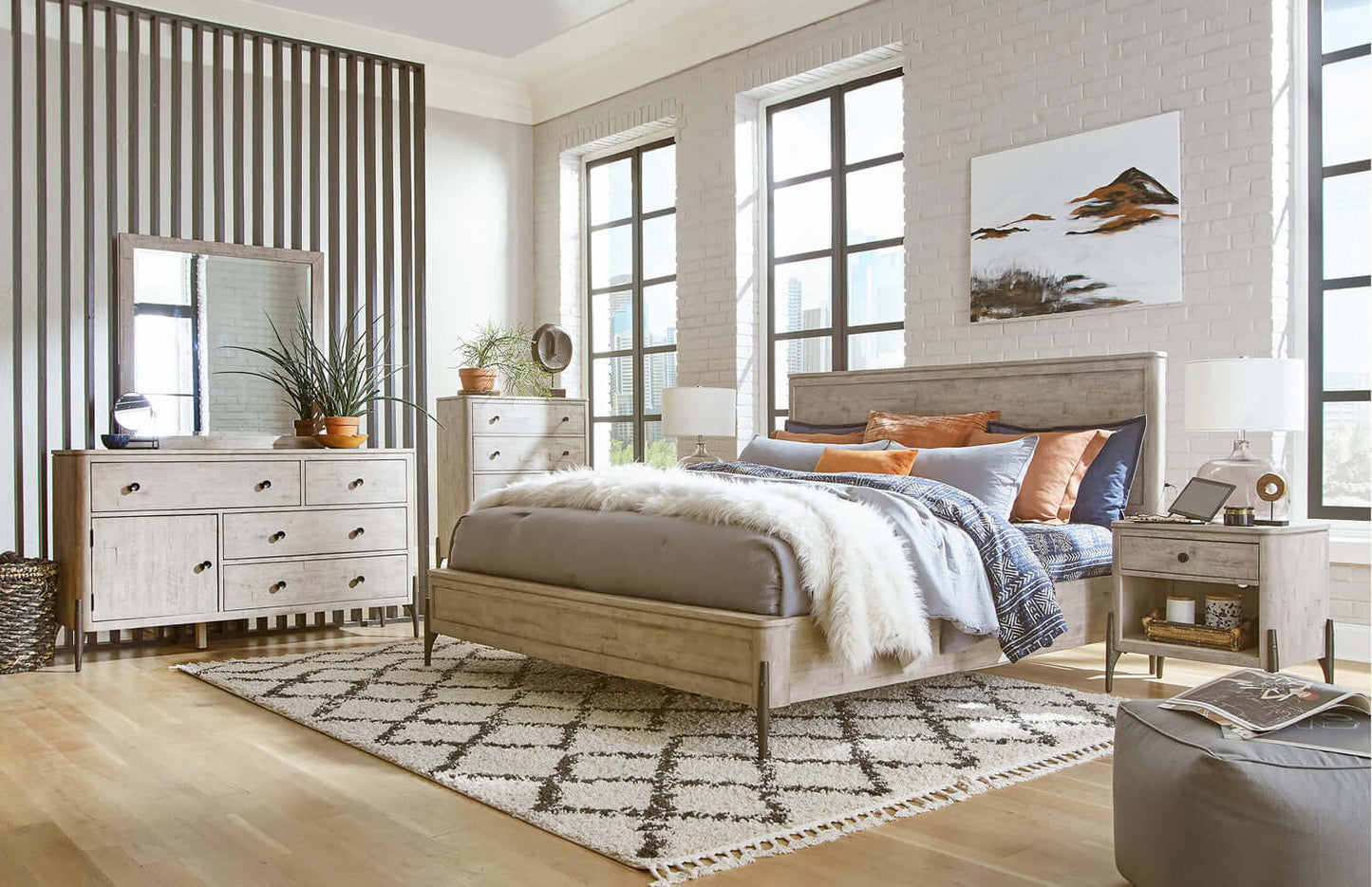 Zane Collection Panel Bed in a stylish bedroom featuring transitional decor, natural light, and modern furnishings.