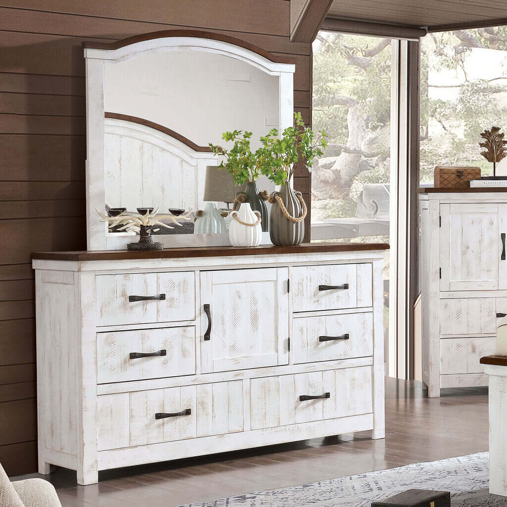 Alyson Dresser In Distressed White and Walnut