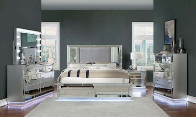 Belladonna Glam LED Storage Bed in a modern bedroom with mirrored furniture and ambient lighting.